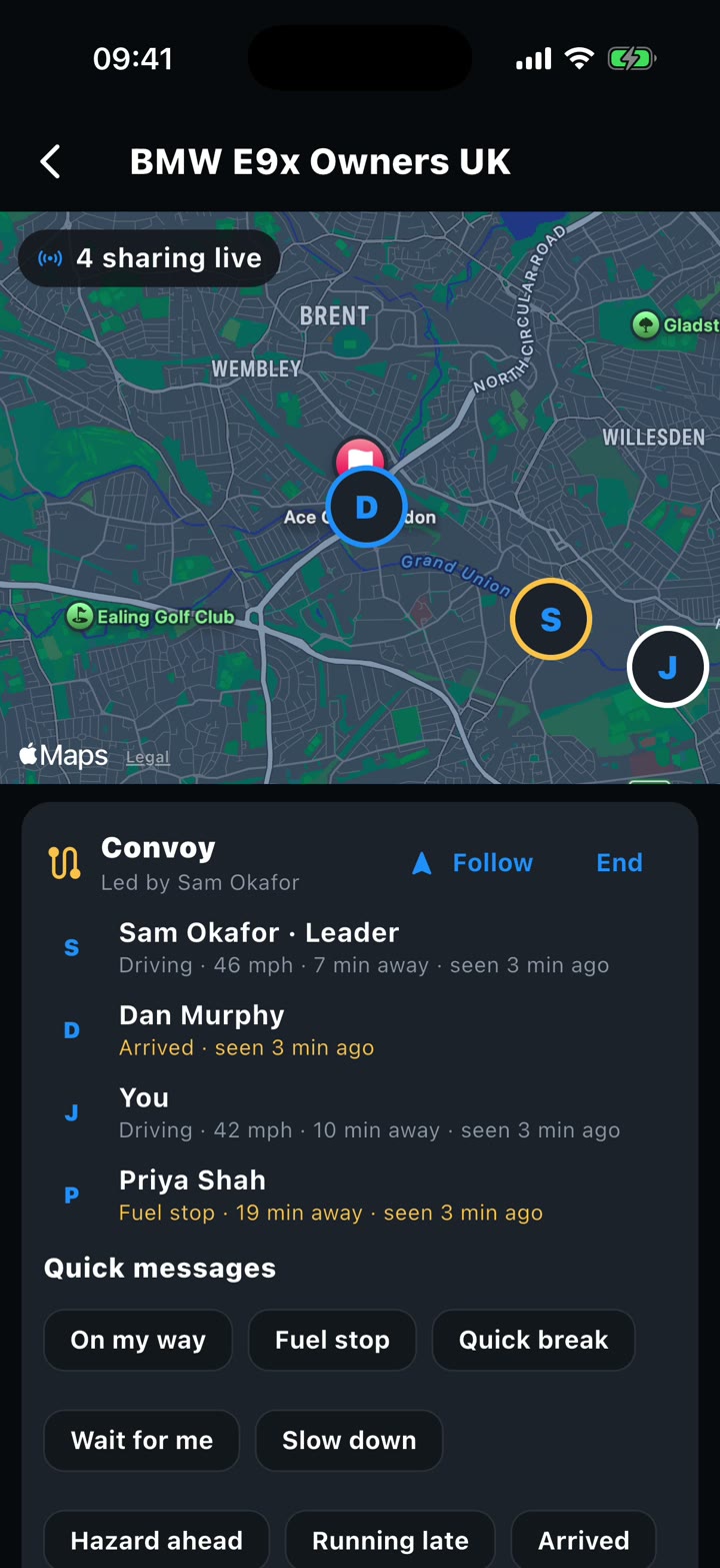 Live convoy map with four drivers and their ETAs
